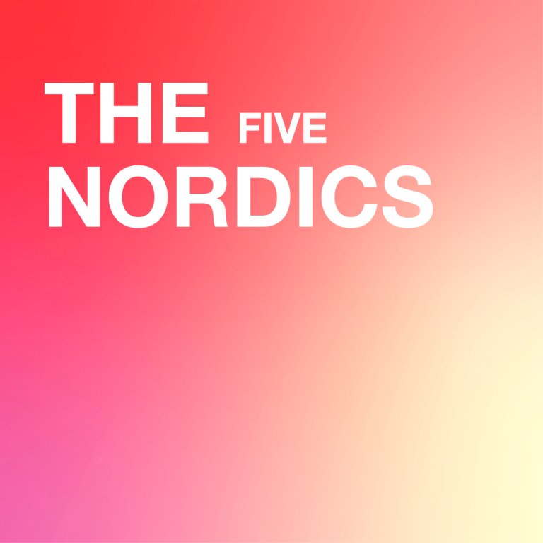 Rosa bakgrunn og hvit tekst der det står The Five Nordics