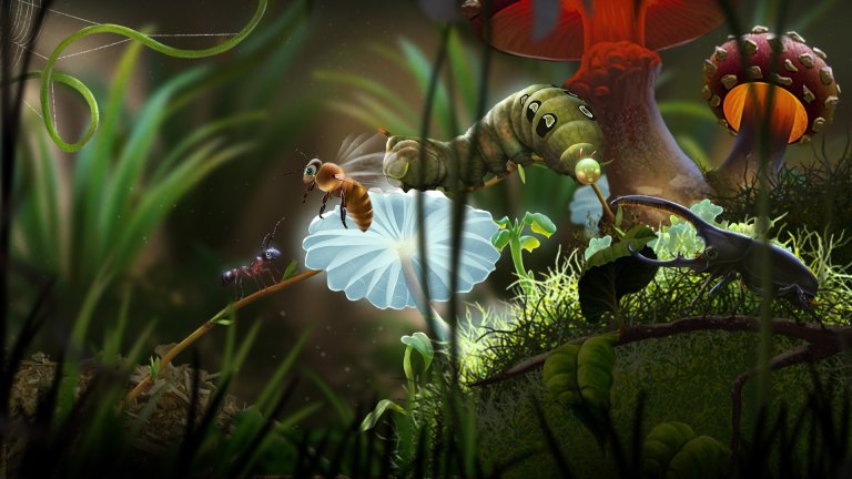 Illustrasjon: Bilde fra spillet Mari og Bayu - veien hjem. Bildet viser en rekke insekter i en slags eventyrskog.