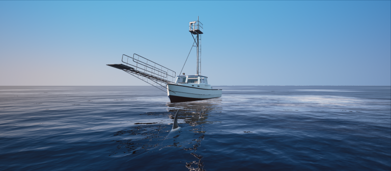 Foto: En illustrasjon av spillet Fishing: North Atlantic. Det viser en båt på et blått hav.
