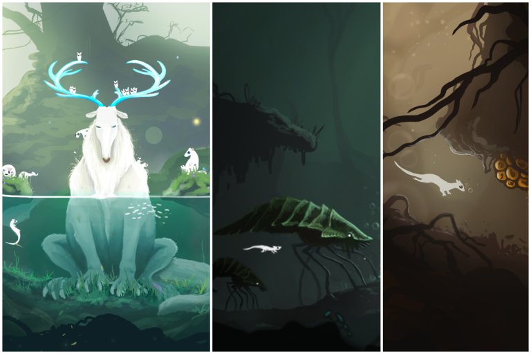Illlustrasjonsbilde: Collage av illlustrasjoner fra spillet The Bog fra Nightmire. Det er satt sammen av tre bilder av fantasivesener i en delvis undervannsverden. En liten hvit oter er med på alle bildene.