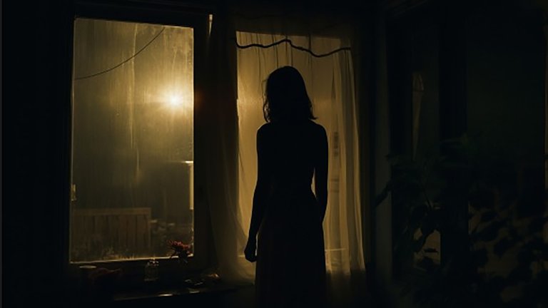Kvinne står i et mørkt rom og kikker ut av vinduet