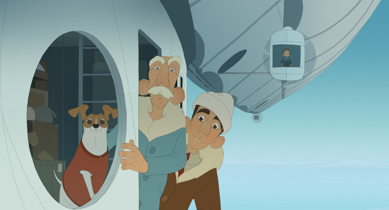 Foto. to menn og en hund ser ut fra et luftskip, en tegning fra den norske animasjonsfilmen Titina
