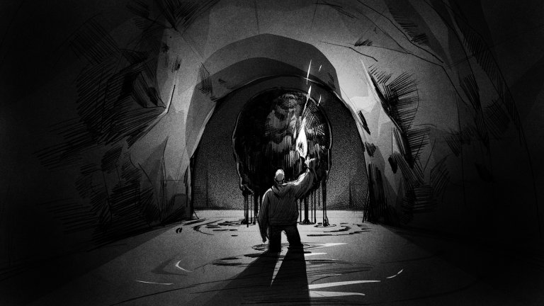 svart hvitt tegnet bilde av en mannsfigur med ryggen til åpå vei inn i en stor hule