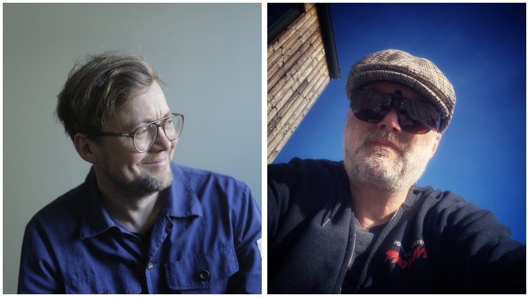 to portretter i halvfigur, til venstre mann med briller ser ut av kamera, til høyre mann med sixpence og solbriller ser ned mot kamera